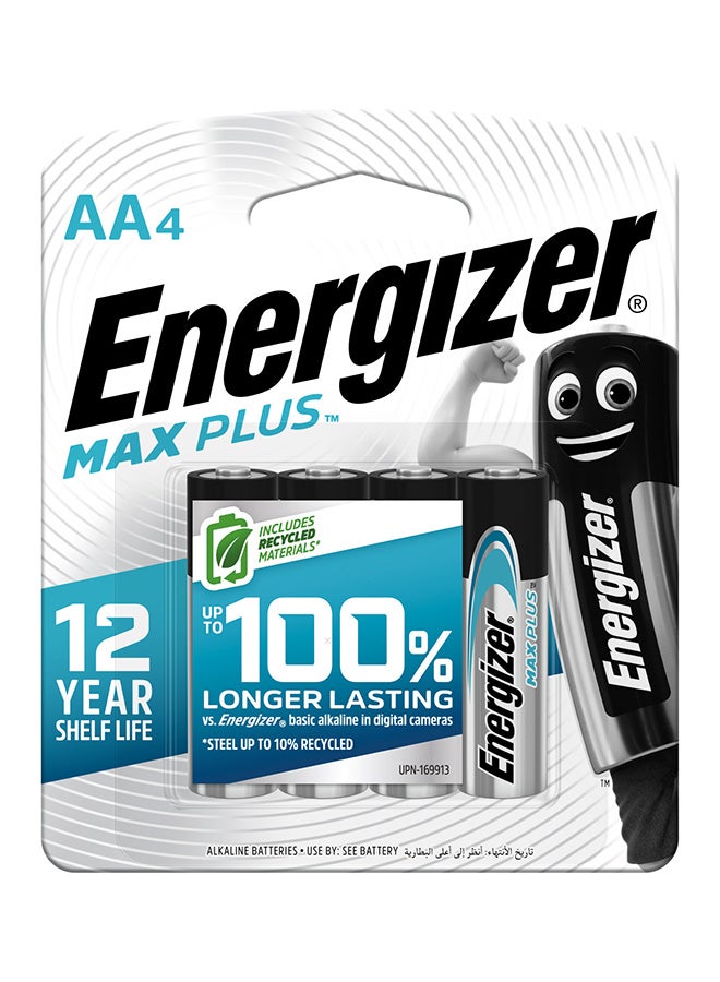 Energizer Max Plus Alkaline AA Batteries - Pack Of 4 Grey/Black/Silver 