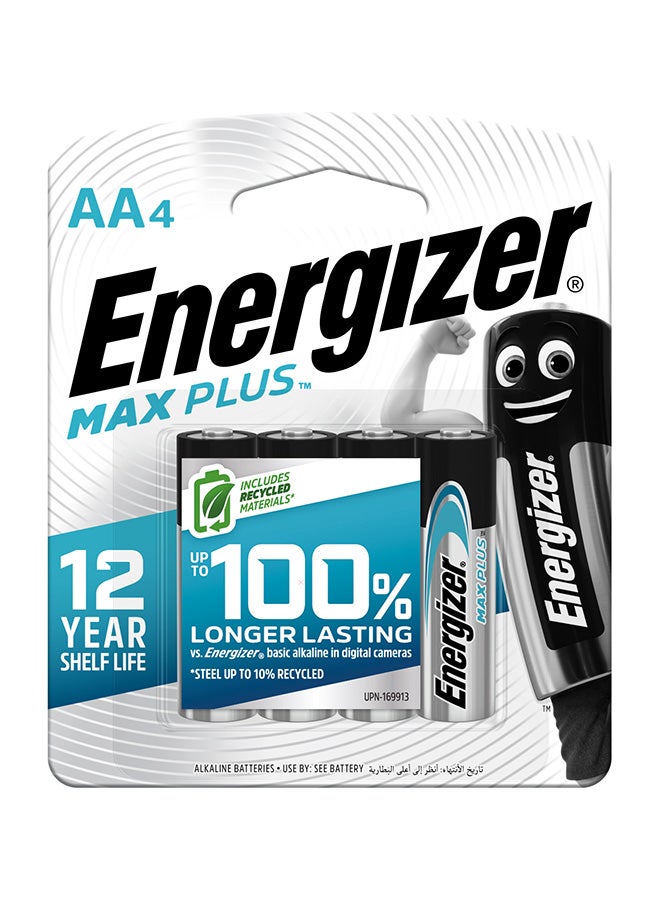 Energizer Max Plus Alkaline AA Batteries - Pack Of 4 Grey/Black/Silver 