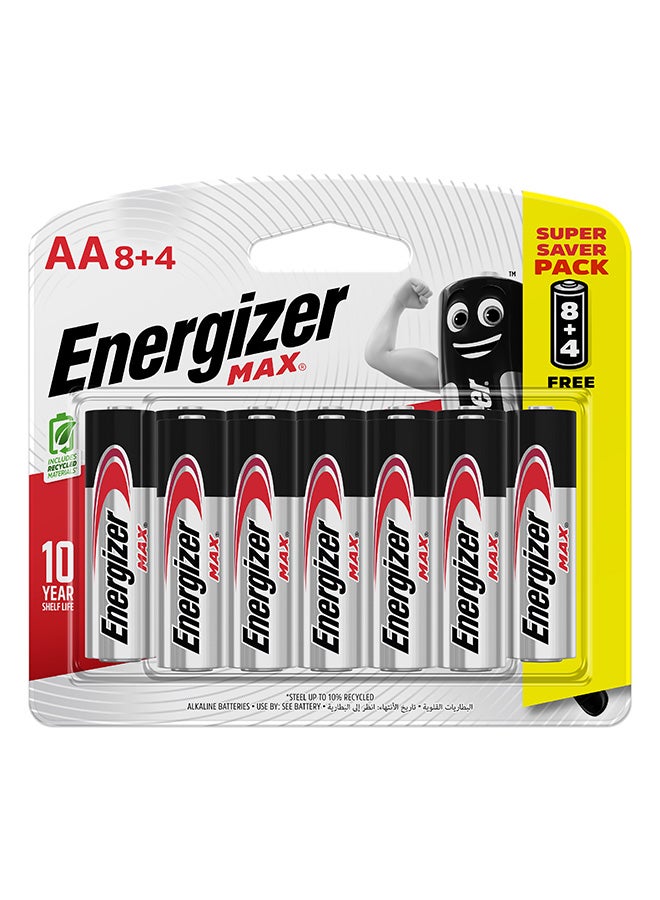 12 pack batteries AA Max Blister Card Silver/Black/Red 