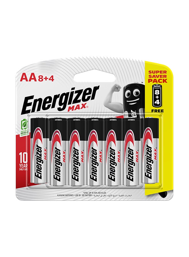 Energizer 12 Pack Energizer Max Alkaline AA Batteries Max Blister Card Silver/Black/Red 