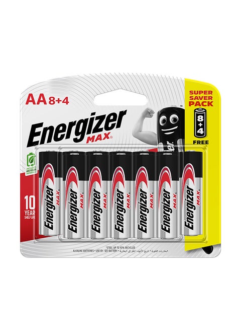12 Pack Energizer Max Alkaline AA Batteries Max Blister Card Silver/Black/Red