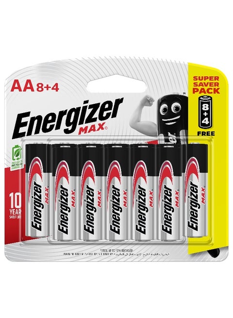 Energizer Max 1.5V Alkaline batteries - AA Promo Pack Of 8+4 Silver/Black/Red
