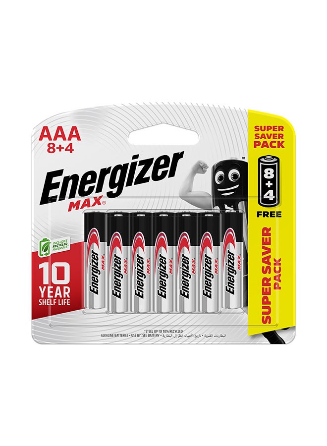 Energizer 12 AAA Max Blister Card - AAA  Promo Pack Of 8+4 Silver/Black/Red 