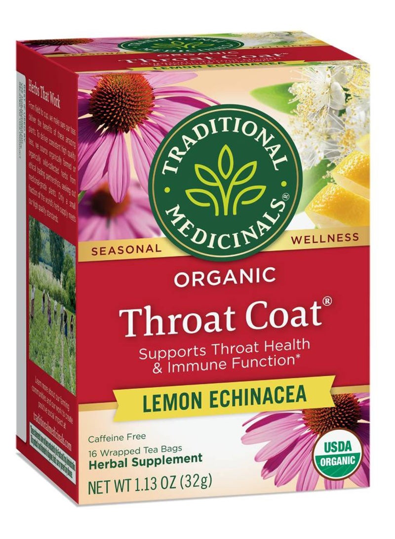 Traditional Medicinals Organic Throat Coat, Infused with Lemon Echinacea, Support Throat Health, Caffeine Free, 16 Tea Bags  - Image 1