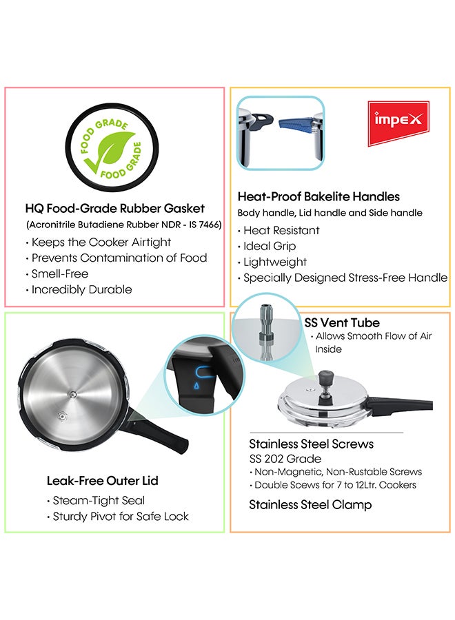 Impex - 5 Litres Pressure Cooker with Outer Lid | Virgin Aluminium | Gas Stove Compatible | Quick and even heating | Lead-Free Safety Valve | For healthy cooking Silver 5Liters - Image 1