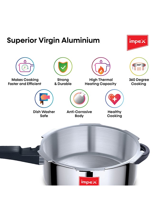 Impex - 5 Litres Pressure Cooker with Outer Lid | Virgin Aluminium | Gas Stove Compatible | Quick and even heating | Lead-Free Safety Valve | For healthy cooking Silver 5Liters - Image 1