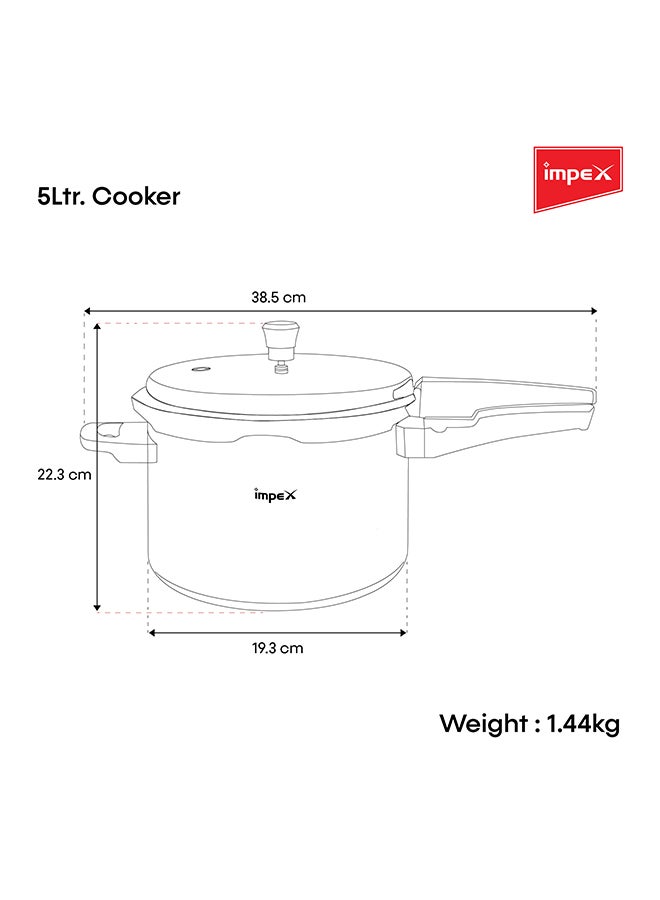 Impex - 5 Litres Pressure Cooker with Outer Lid | Virgin Aluminium | Gas Stove Compatible | Quick and even heating | Lead-Free Safety Valve | For healthy cooking Silver 5Liters - Image 1