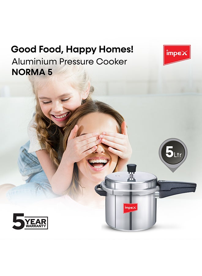 Impex - 5 Litres Pressure Cooker with Outer Lid | Virgin Aluminium | Gas Stove Compatible | Quick and even heating | Lead-Free Safety Valve | For healthy cooking Silver 5Liters - Image 1