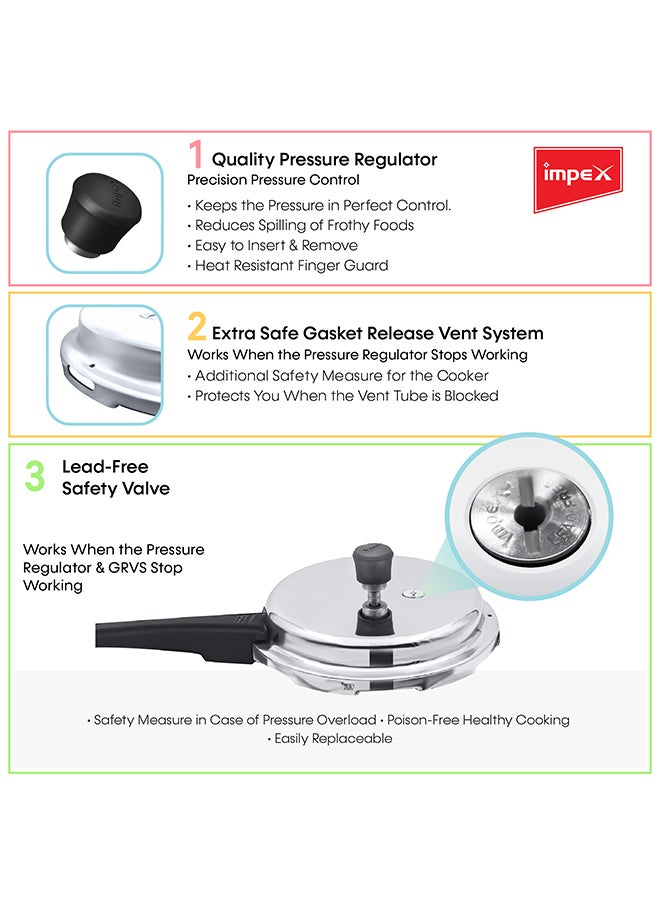 Impex - 5 Litres Pressure Cooker with Outer Lid | Virgin Aluminium | Gas Stove Compatible | Quick and even heating | Lead-Free Safety Valve | For healthy cooking Silver 5Liters - Image 1