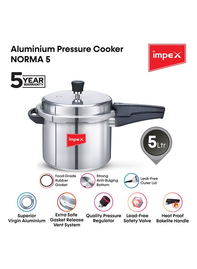 Impex - 5 Litres Pressure Cooker with Outer Lid | Virgin Aluminium | Gas Stove Compatible | Quick and even heating | Lead-Free Safety Valve | For healthy cooking Silver 5Liters - Image 1