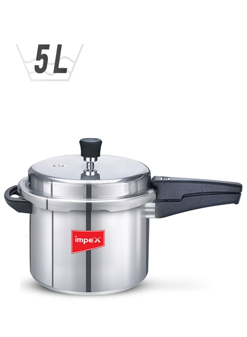 Impex - 5 Litres Pressure Cooker with Outer Lid | Virgin Aluminium | Gas Stove Compatible | Quick and even heating | Lead-Free Safety Valve | For healthy cooking Silver 5Liters - Image 1