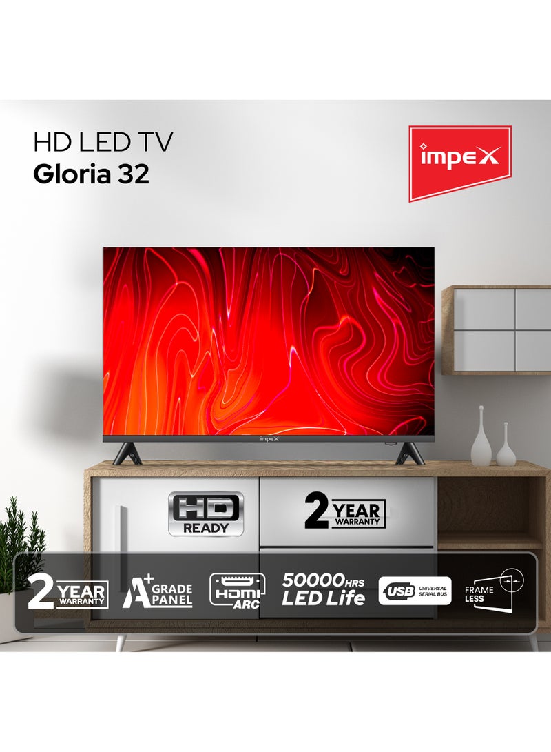 32 Inch HD LED TV With Free Wall Mount, A+ Grade Panel, Frameless Design, 1366x768 Resolution, 2 USB & 2 HDMI Ports, VGA & PC Audio Input, 50000 Hrs LED Life, HD Ready, 16:9 Aspect Ratio, Smart Energy Saving Gloria 32 Black - pnsku/N36150386A/45/_/1717490435/b7bd063e-344d-4d9a-8842-cb856e914bb9