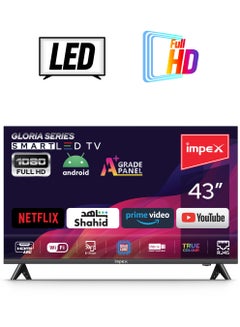 43 Inch Full HD Smart Android LED TV - Frame Less Design, Quad Core Processor, Mirror Cast And E-Share, HDMI\USB\ Wi-Fi Input, Netflix, YouTube, Disney+, Apple TV+, Starz Play Arabia, Smart Energy Saving Gloria 43 Smart Black