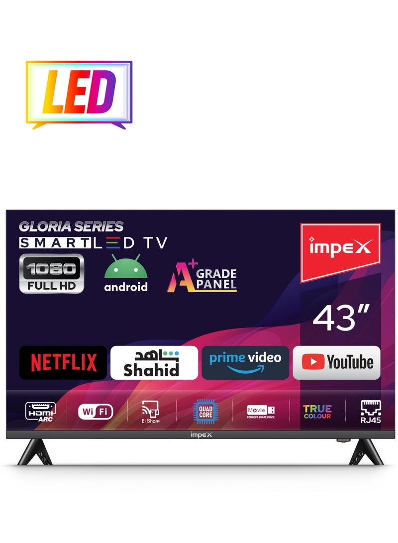 Impex 43 Inch Full HD Smart Android LED TV - Frame Less Design, Quad Core Processor, Mirror Cast And E-Share, HDMI\USB\ Wi-Fi Input, Netflix, YouTube, Disney+, Apple TV+, Starz Play Arabia, Smart Energy Saving Gloria 43 Smart Black  - Image 1