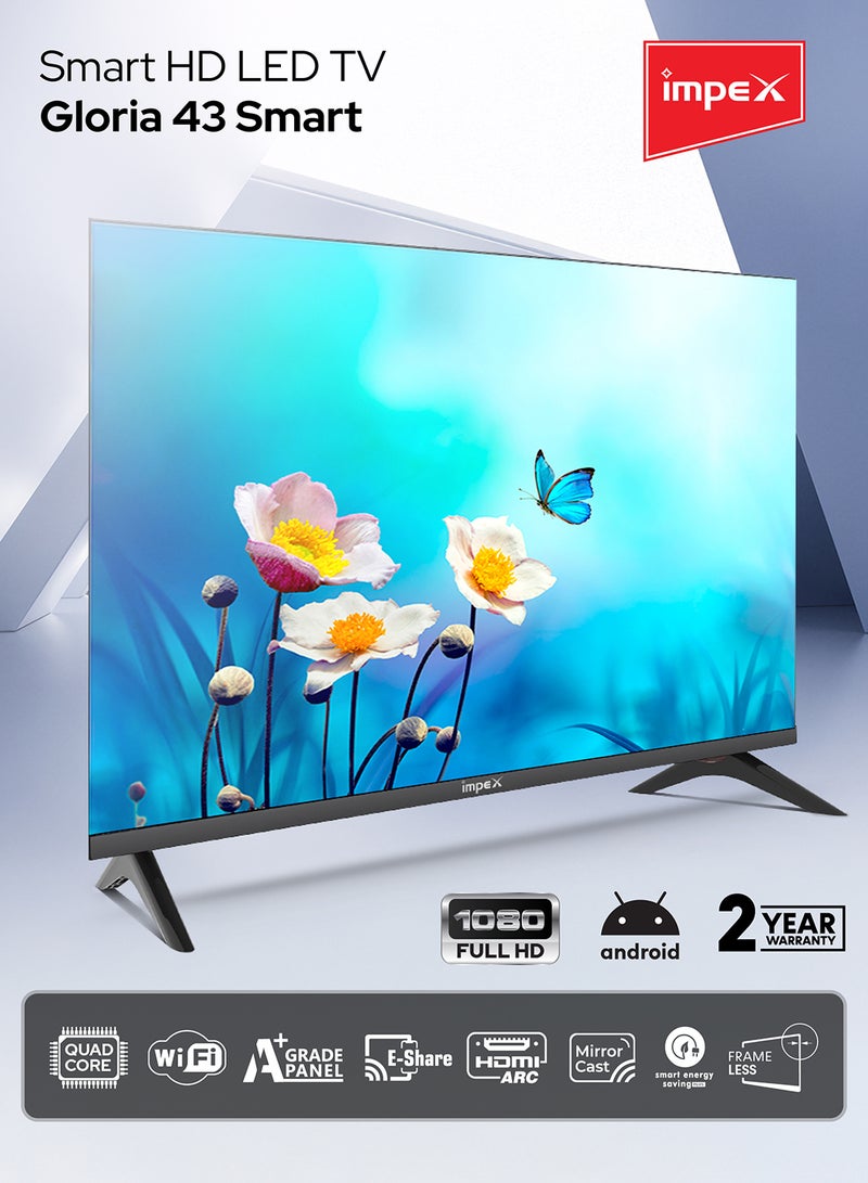 Impex 43-Inch Full HD Smart LED TV - Android, Quad Core, Frameless, A+ Panel, Wi-Fi, 2 HDMI, 2 USB, RJ45, 1920x1080 Resolution, 178° View, Slim Design, 2 Year Warranty - Gloria 43 Smart Black - Image 3