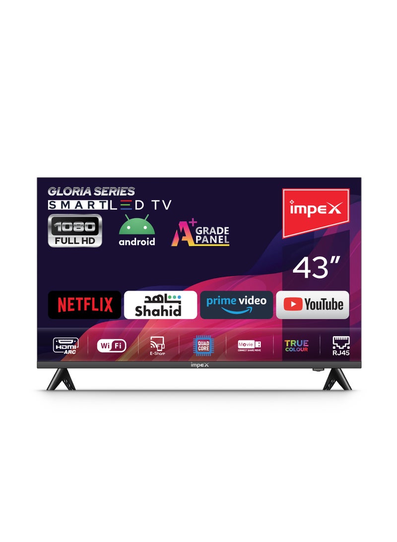 Impex 43-Inch Full HD Smart LED TV - Android, Quad Core, Frameless, A+ Panel, Wi-Fi, 2 HDMI, 2 USB, RJ45, 1920x1080 Resolution, 178° View, Slim Design, 2 Year Warranty - Gloria 43 Smart Black - Image 2