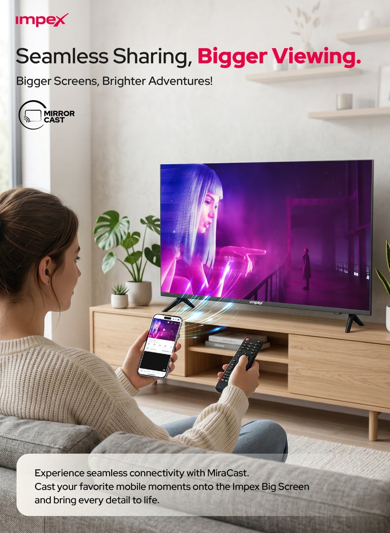 Impex 43-Inch Full HD Smart LED TV - Android, Quad Core, Frameless, A+ Panel, Wi-Fi, 2 HDMI, 2 USB, RJ45, 1920x1080 Resolution, 178° View, Slim Design, 2 Year Warranty - Gloria 43 Smart Black - Image 5