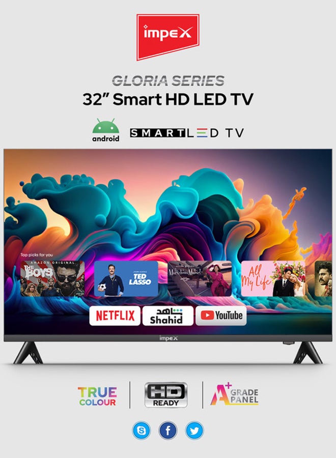 Impex 32 Inch HD Smart LED TV - HD 1366 x 768 Resolution, Latest Android Television, Quad Core, Frameless, A+ Panel, Android TV with Wi-Fi, 3 HDMI, 2 USB, VGA, RJ45, 178° View, Slim Design, Netflix, YouTube, 2 Year Warranty - Gloria 32 Smart IX 32HD SMART Black - Image 1
