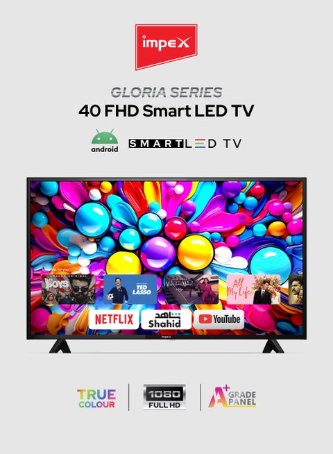 40 Inch Full HD Smart Android LED TV - A+ Grade Panel, QUAD CORE Processor, Super Slim, Smart Energy Saving, Mirror Cast And E-Share, HDMI\USB\Wi-Fi Input, Netflix, YouTube, Disney+, Apple TV+, Starz Play Arabia Gloria 40 Smart Black