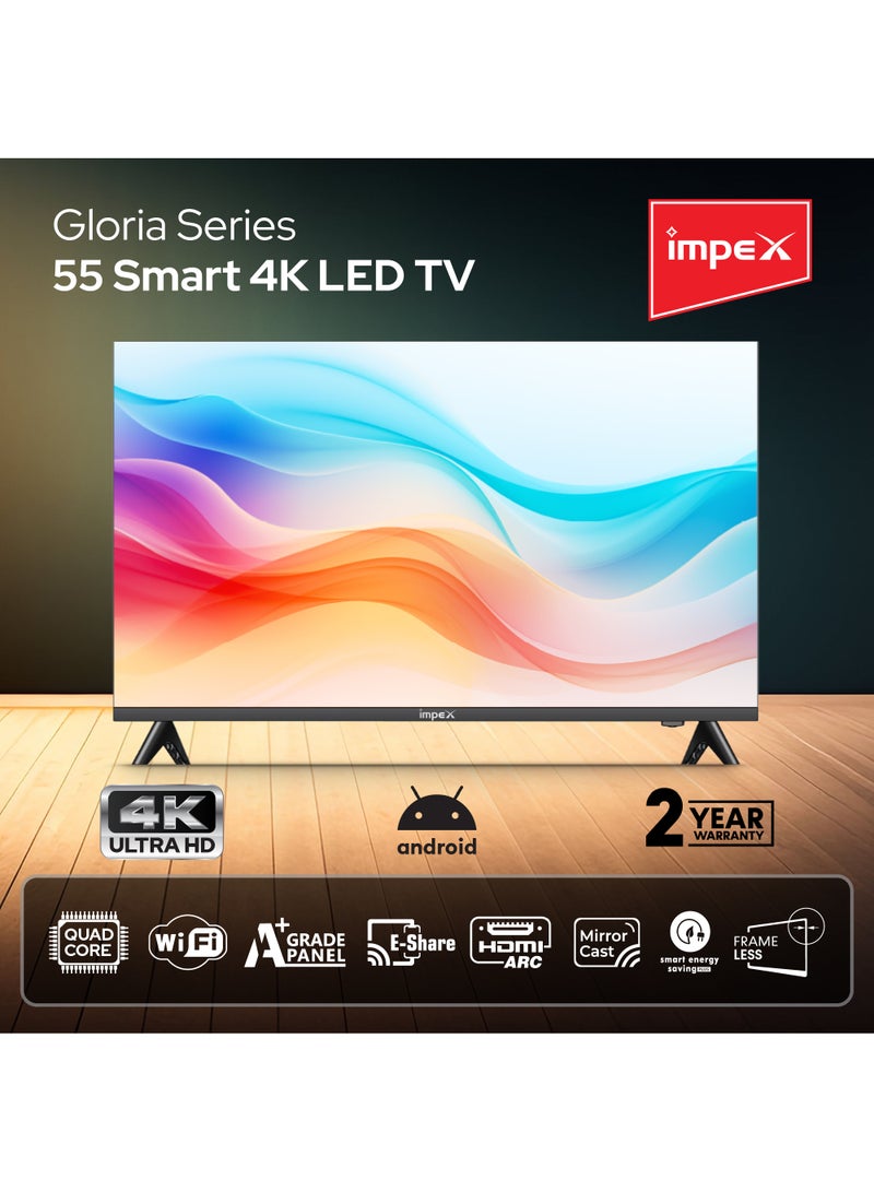 55 Inch 4K Ultra HD Smart Android LED TV With Free Wall Mount- Frame Less Design, Quad Core Processor, Mirror Cast And E-Share, HDMI\USB\ Wi-Fi Input, Netflix, YouTube, Disney+, Apple TV+, Starz Play Arabia, Super Slim Gloria 55 UHD Smart Black - pnsku/N36161850A/45/_/1729682207/e65bebb1-5dce-4598-a0a6-c215c68eacf0