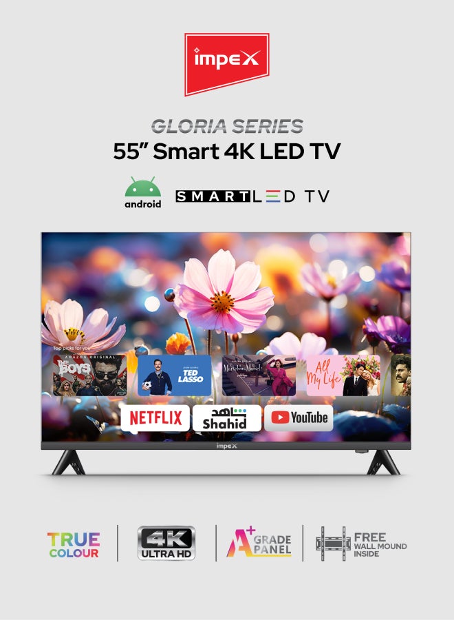 55 Inch 4K Ultra HD Smart Android LED TV With Free Wall Mount- Frame Less Design, Quad Core Processor, Mirror Cast And E-Share, HDMI\USB\ Wi-Fi Input, Netflix, YouTube, Disney+, Apple TV+, Starz Play Arabia, Super Slim Gloria 55 UHD Smart Black - pnsku/N36161850A/45/_/1740388487/689fb891-ce32-4c51-bf67-ff6b973245af