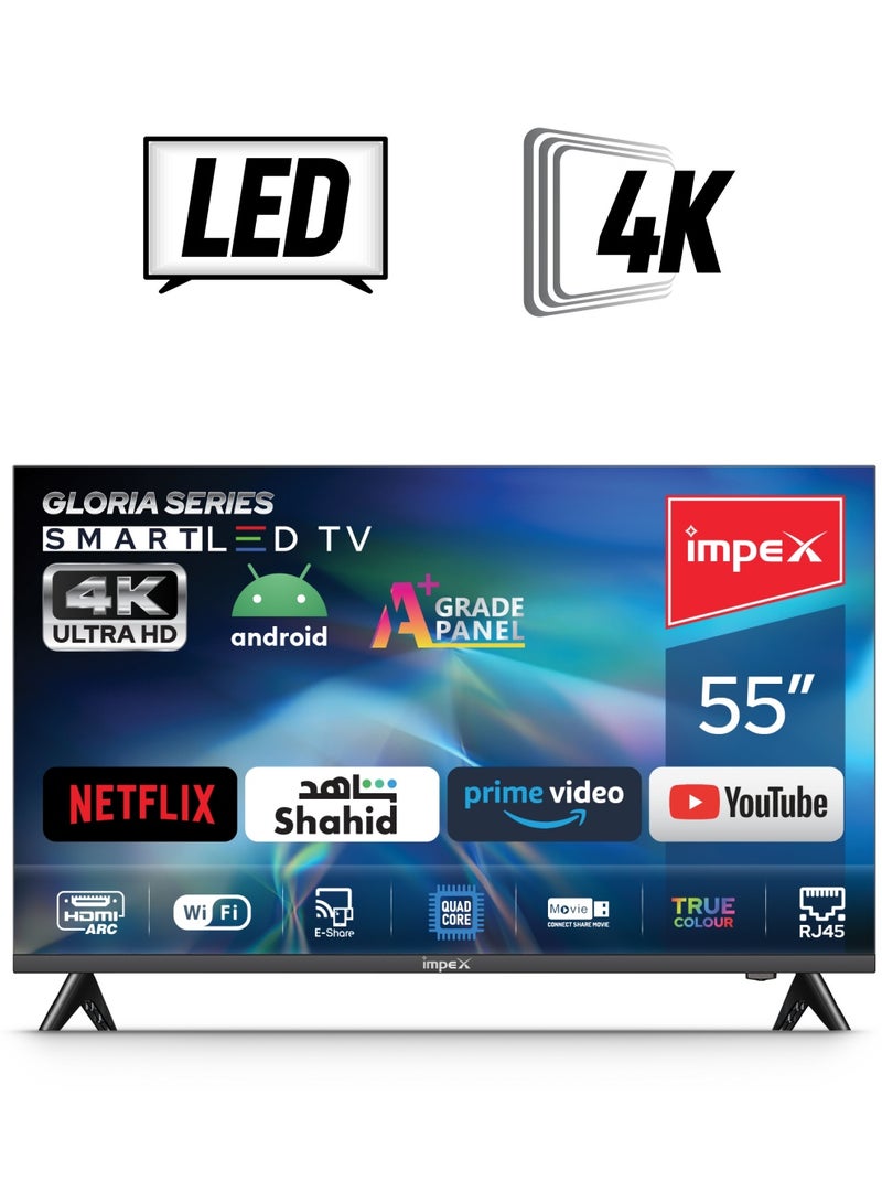 Impex 55 Inch 4K Ultra HD Smart Android LED TV - Frame Less Design, Quad Core Processor, Mirror Cast And E-Share, HDMI\USB\ Wi-Fi Input, Netflix, YouTube, Disney+, Apple TV+, Starz Play Arabia, Super Slim Gloria 55 UHD Smart Black  - Image 1