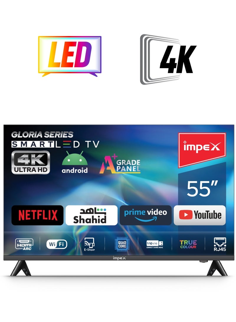 Impex 55 Inch 4K Ultra HD Smart Android LED TV - Frame Less Design, Quad Core Processor, Mirror Cast And E-Share, HDMI\USB\ Wi-Fi Input, Netflix, YouTube, Disney+, Apple TV+, Starz Play Arabia, Super Slim Gloria 55 UHD Smart Black  - Image 1