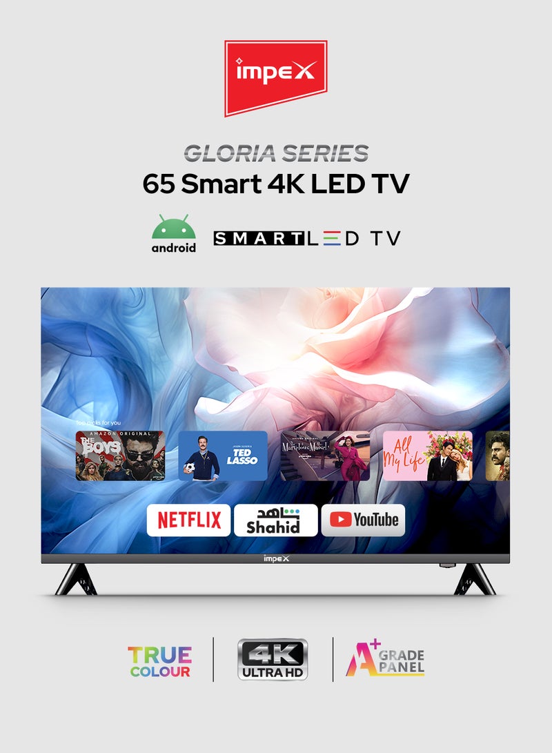 Impex 65 Inch 4K Ultra HD Smart Android LED TV - Frame Less Design, Mirror Cast And E-Share, HDMI\USB\ Wi-Fi Input, Netflix, YouTube, Disney+, Apple TV+, Starz Play Arabia Gloria 65 smart Black  - Image 1