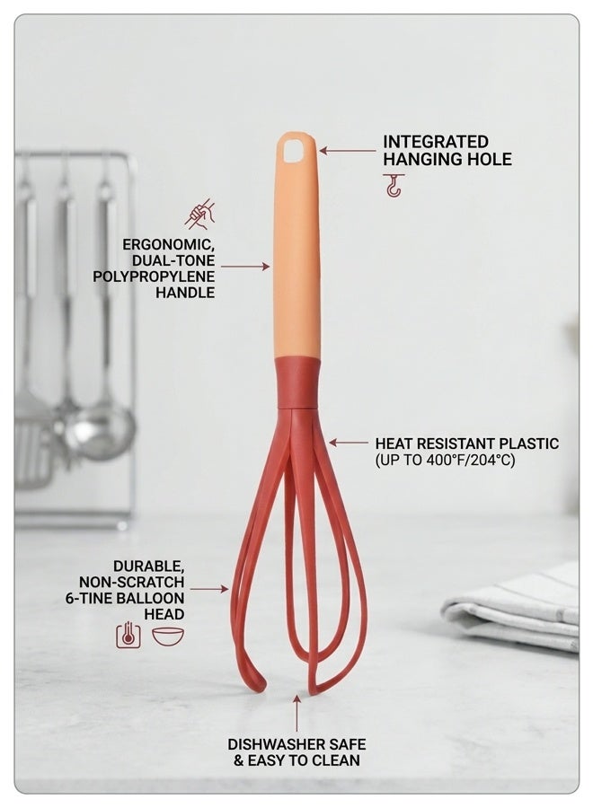 Cuisine Art Balloon Whisk with Polypropylene Handle — Stainless Steel Wire Egg Beater for Baking, Whipping Cream & Mixing — Kitchen Whisk Tool — Red Handle — Dishwasher Safe Red/Orange 10x4x15cm - Image 3