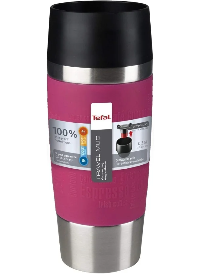 Tefal Travel Mug | 0.36 L | Raspberry | 100% Leak-Proof Thermal Mug | Double-Walled Vacuum Insulation | Hot & Cold Drinks | 360° Drinking | Easy to Open | Dishwasher-Safe Raspberry
