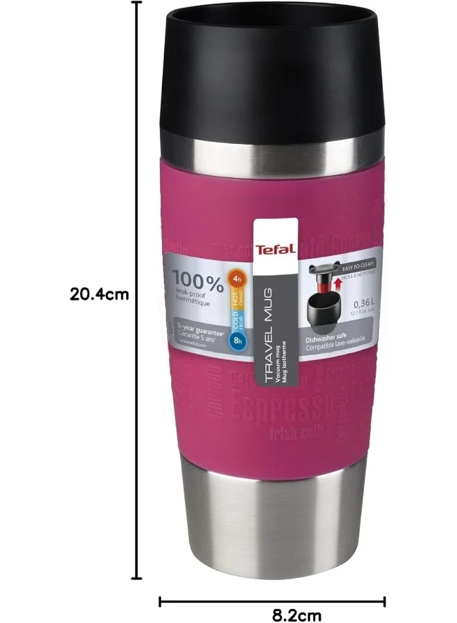 Tefal Travel Mug | 0.36 L | Raspberry | 100% Leak-Proof Thermal Mug | Double-Walled Vacuum Insulation | Hot & Cold Drinks | 360° Drinking | Easy to Open | Dishwasher-Safe Raspberry