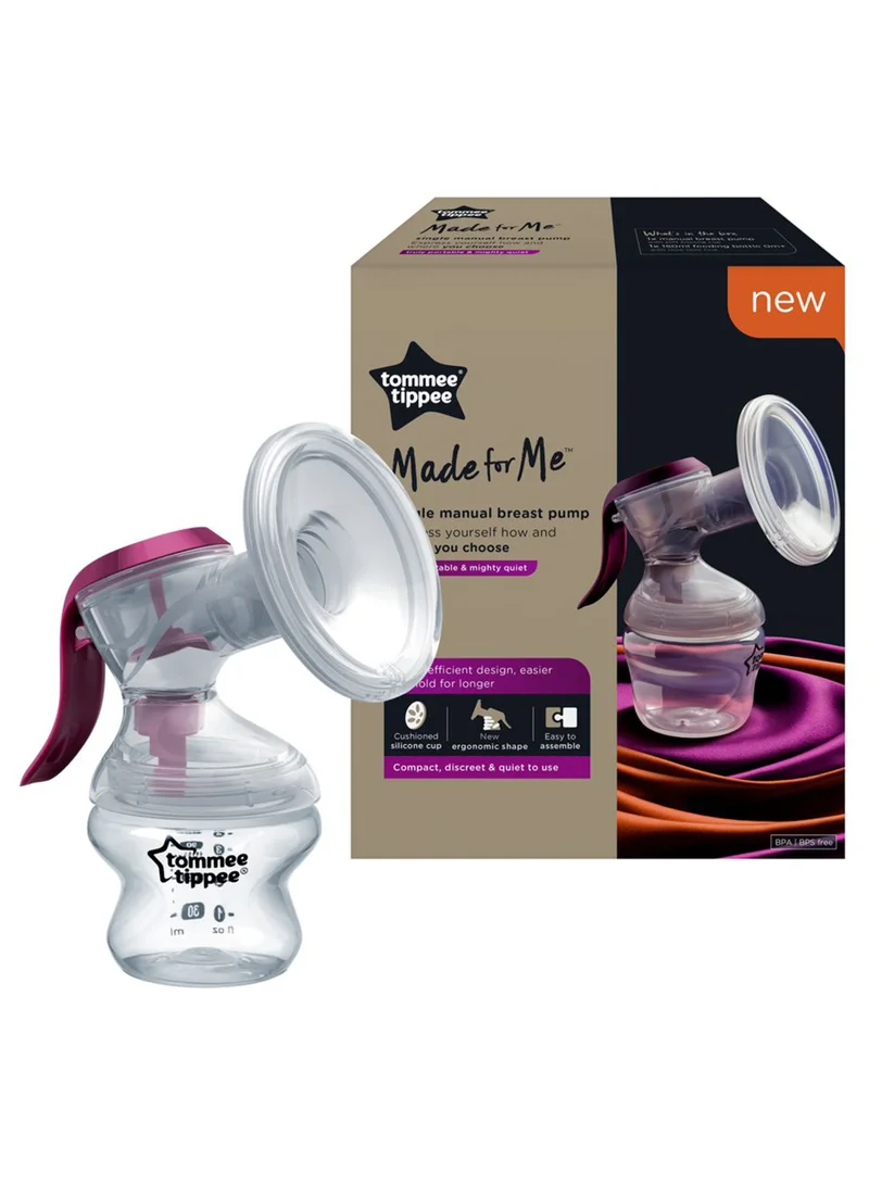 tommee tippee Made For Me Single Manual Breast Pump, Strong Suction, Soft Feel, Ergonomic Handle, Portable And Quiet Breastmilk Pump, Baby Bottle Included