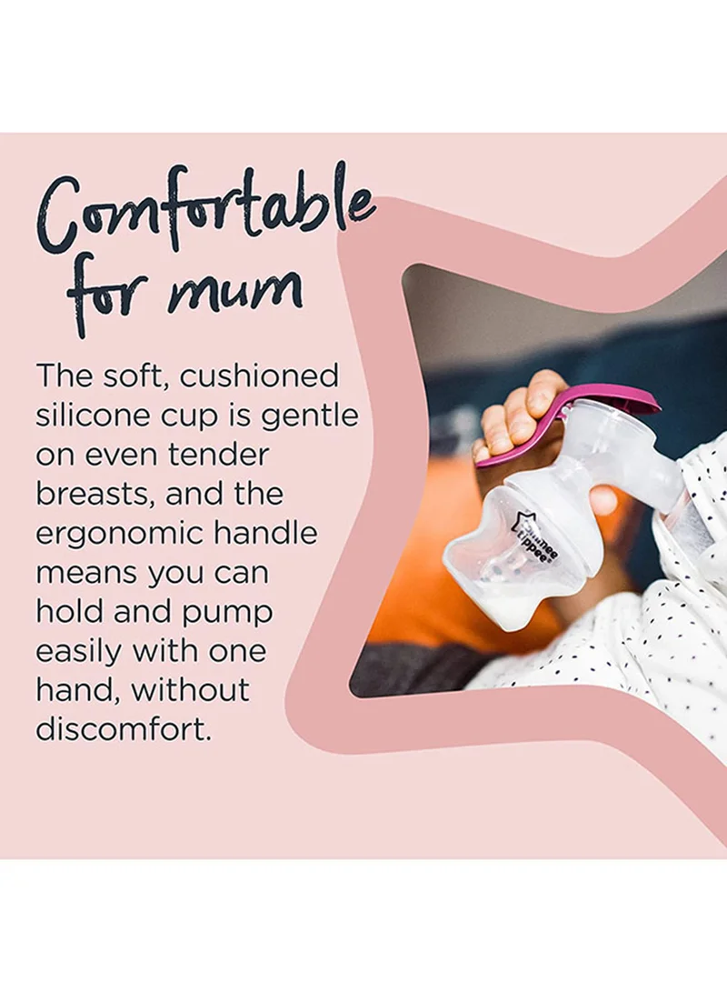 tommee tippee Manual Breast Pump with soft, cushioned silicone cup and narrow neck for hand strain reduction