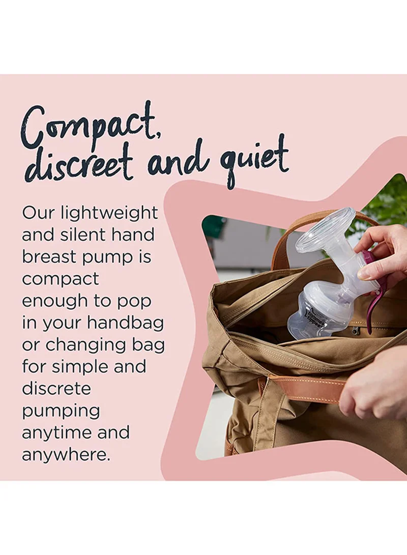 tommee tippee Manual Breast Pump with soft, cushioned silicone cup and narrow neck for hand strain reduction