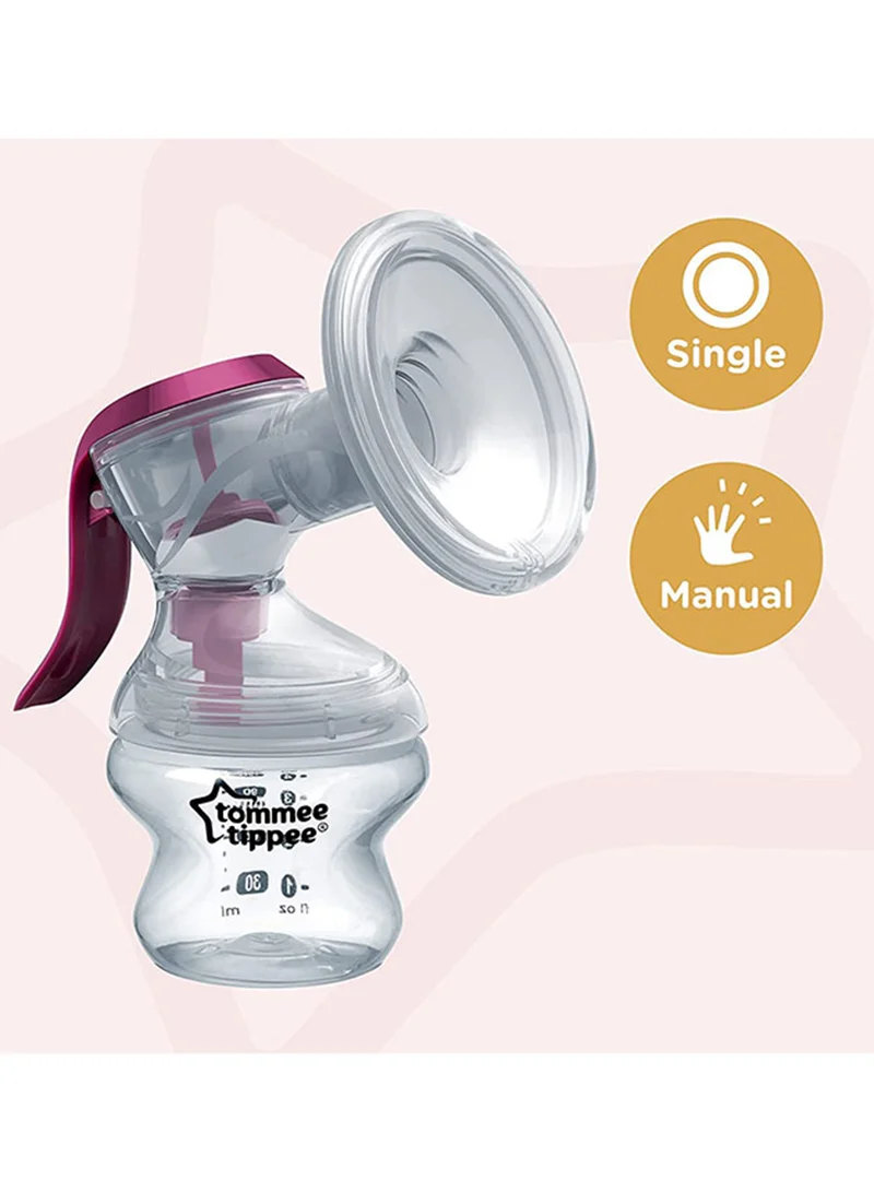 tommee tippee Manual Breast Pump with soft, cushioned silicone cup and narrow neck for hand strain reduction