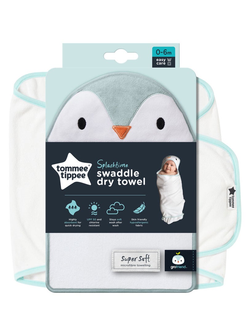 tommee tippee - Splashtime Newborn Swaddle Dry Towel 0-6m, Penny the Penguin Blue - Image 1