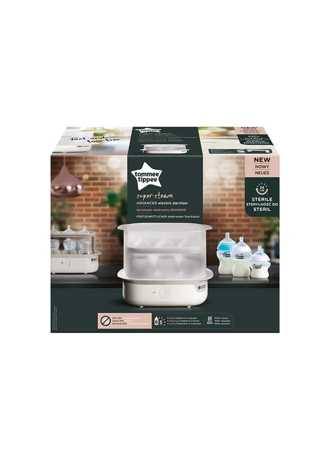 tommee tippee Advanced Steam Electric Steriliser For Baby Bottles, Kills Viruses And 99.9% Of Bacteria, 5-Minute Sterilisation Cycle, White
