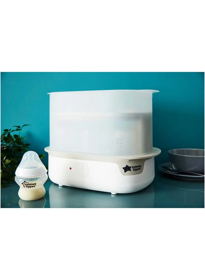 tommee tippee Advanced Steam Electric Steriliser For Baby Bottles, Kills Viruses And 99.9% Of Bacteria, 5-Minute Sterilisation Cycle, White