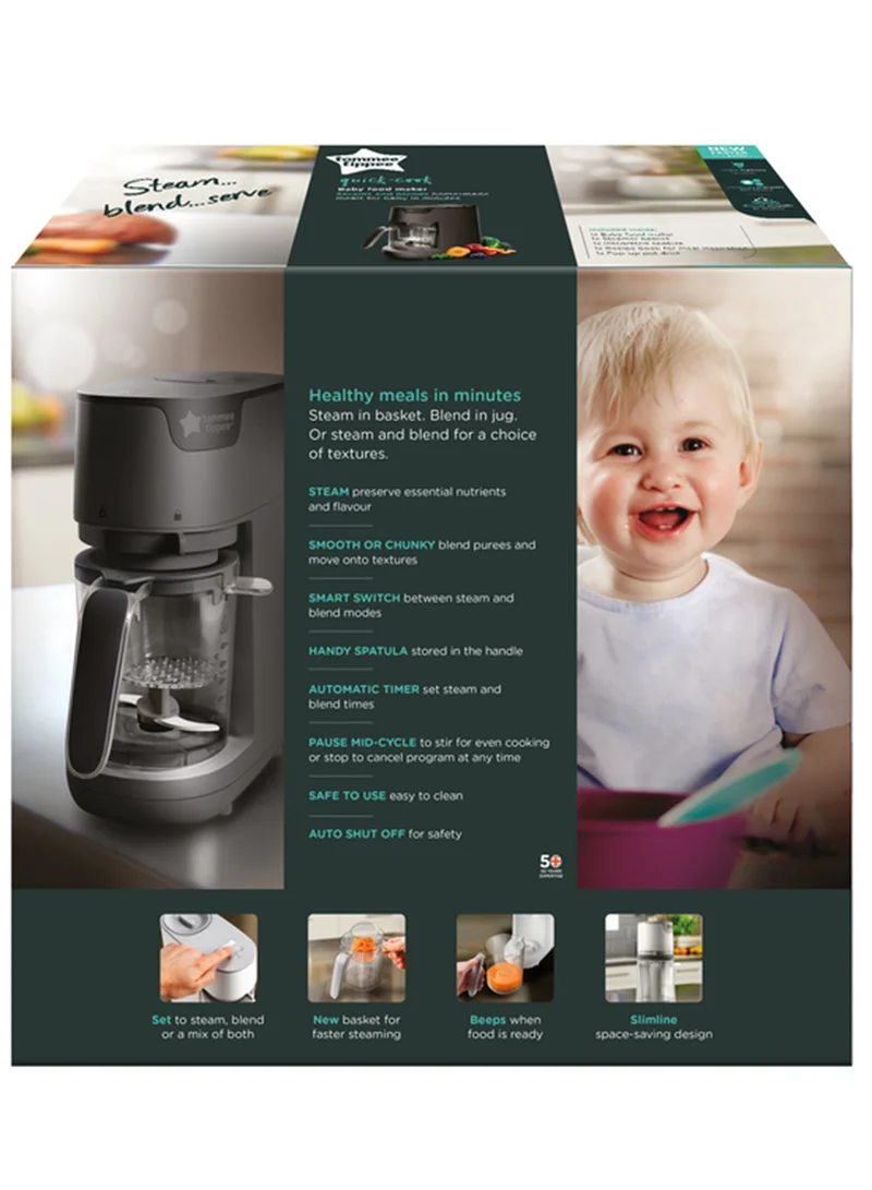tommee tippee Quick-Cook Baby Food Maker, Blender And Steamer Food Processor For All Stages Of Baby Weaning, 200G Capacity, White