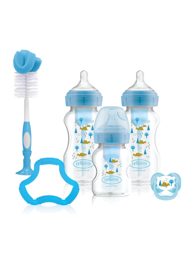 Dr. Brown’s - W-N Anti-Colic Options+ Blue Gift Set (2X270 Ml & 1X150 Ml Bottles, 1 Bottle Brush, 1 Flexees Teether, 1 Pacifier, 2 Cleaning Brushes) - Image 1