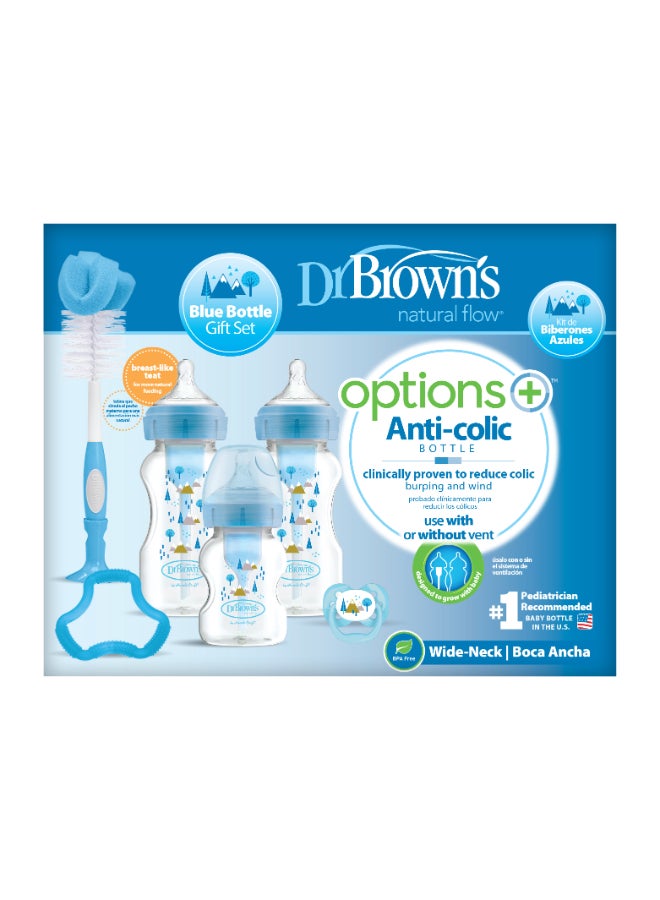Dr. Brown’s - W-N Anti-Colic Options+ Blue Gift Set (2X270 Ml & 1X150 Ml Bottles, 1 Bottle Brush, 1 Flexees Teether, 1 Pacifier, 2 Cleaning Brushes) - Image 1