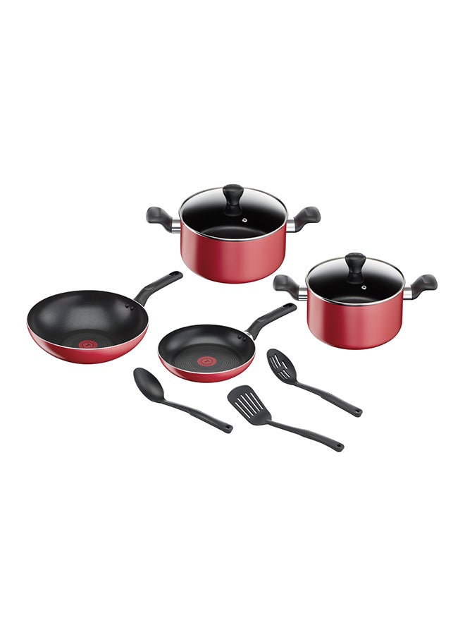 Tefal TEFAL Cookware Set of 9 PCs |Super Cook| Frypan 24 cm/Wokpan 28 cm/Stewpots 22/24 cm+lids/Spoon/Slotted Spoon/Slotted Spatula| Aluminium Non-Stick with Thermo Signal| Red | 2 Years Warranty B460S984 Red 22,24,28,24,28cm 