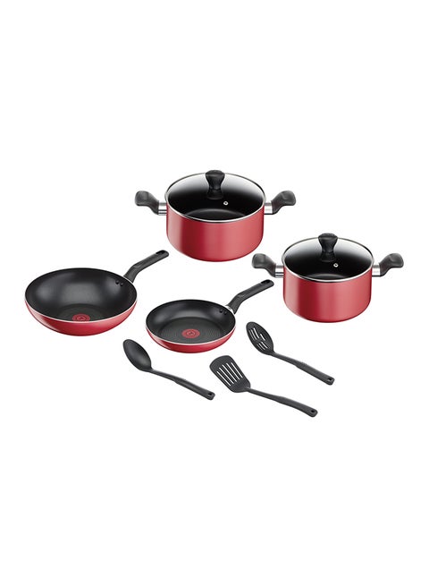 TEFAL Cookware Set of 9 PCs |Super Cook| Frypan 24 cm/Wokpan 28 cm/Stewpots 22/24 cm+lids/Spoon/Slotted Spoon/Slotted Spatula| Aluminium Non-Stick with Thermo Signal| Red | 2 Years Warranty B460S984 Red 22,24,28,24,28cm