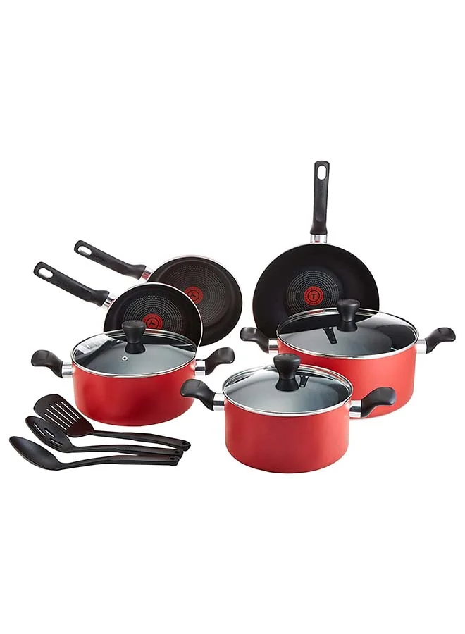 Tefal TEFAL Super Cook 12 pc set| frypans 22/24cm, wokpan28 cm, stewpots 22/24/28cm+lids, spoon, slotted spoon, slotted spatula | Non-Stick | Thermo-Signal | Red | 2 Years Warranty | B460SC84