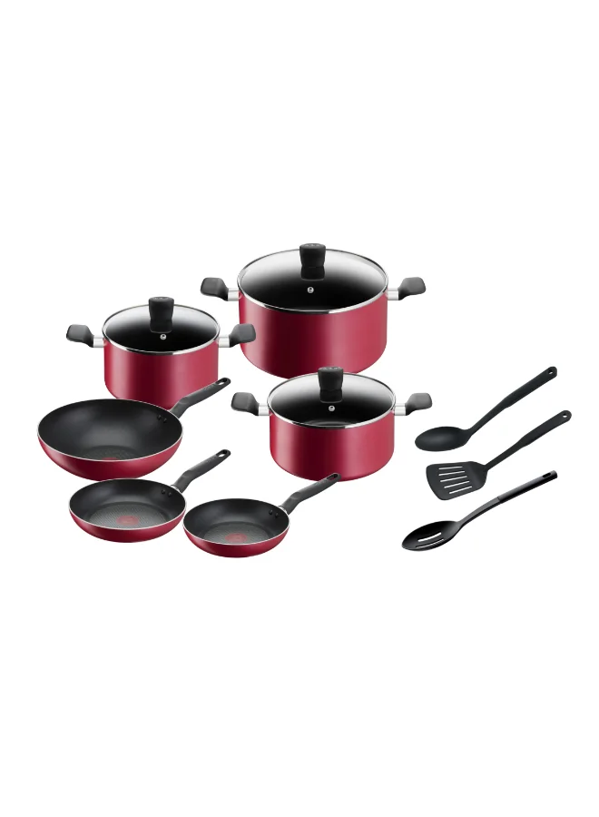 Tefal TEFAL Super Cook 12 pc set| frypans 22/24cm, wokpan28 cm, stewpots 22/24/28cm+lids, spoon, slotted spoon, slotted spatula | Non-Stick | Thermo-Signal | Red | 2 Years Warranty | B460SC84