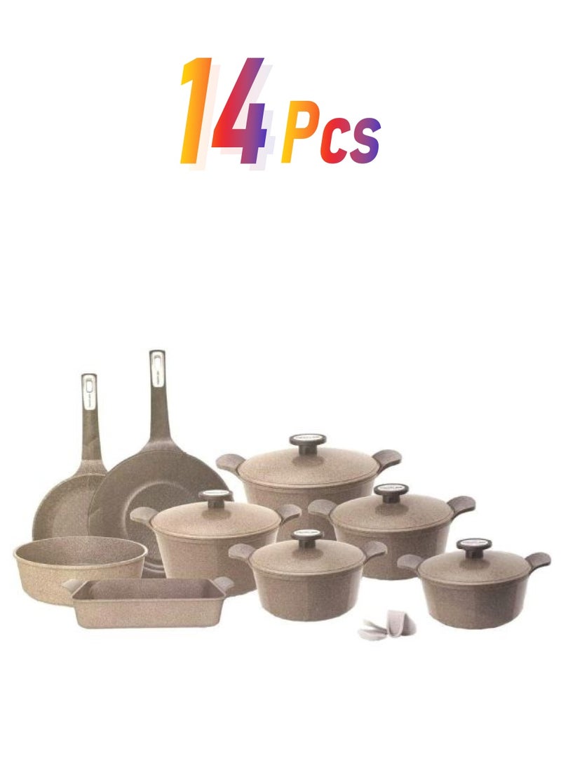 Neoflam 14-Piece Granite Cookware Set Brown Pots (18, 20, 22, 24, 28), Pan 22, Roasting Pan 28, Round Tray 28, Oven Tray (M)cm - Image 1