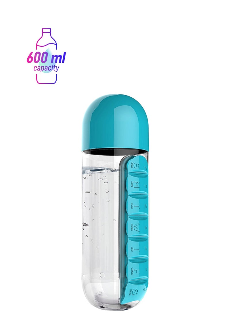 2-In-1 Water Bottle With Pill Box Organizer Blue/Clear 23.5 x 6.9cm - Image 1
