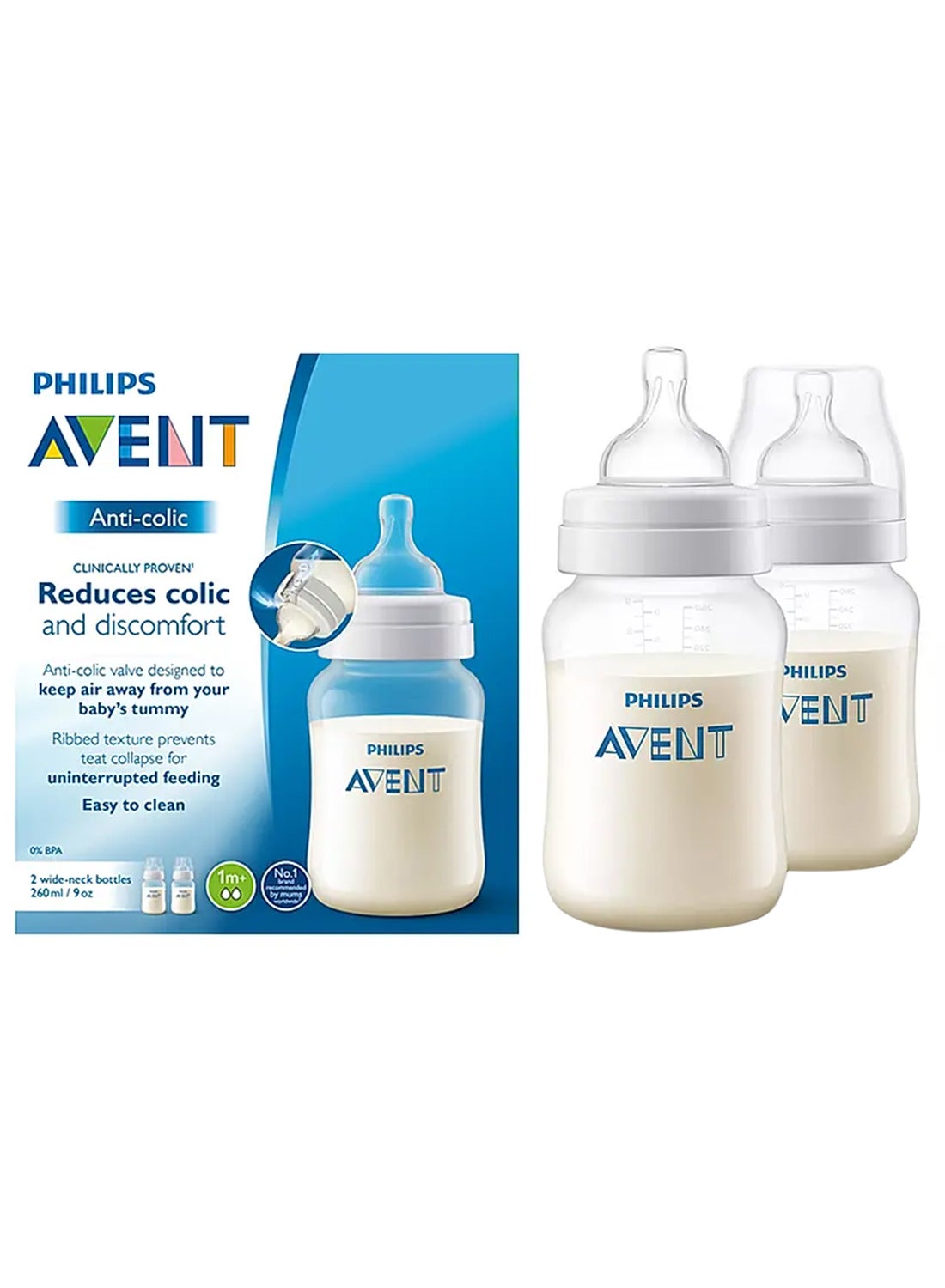 Pack Of 2 Anti-Colic Baby Bottle Set, Extra Soft Nipple, Easy To Hold, 1M+, 260 ml - Clear 