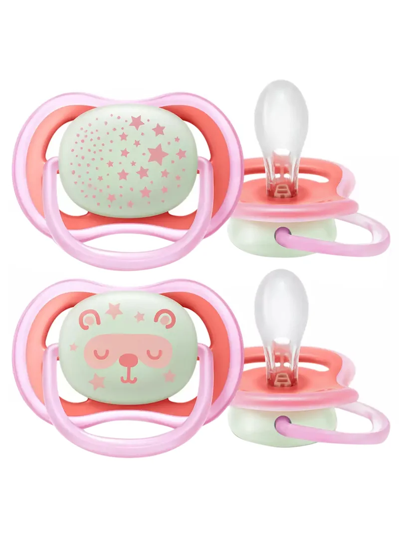 PHILIPS AVENT 2 - Pieces Ultra Air Night Buddy Bear Soft Baby Pacifier For 6M+, Pink And White - 37622