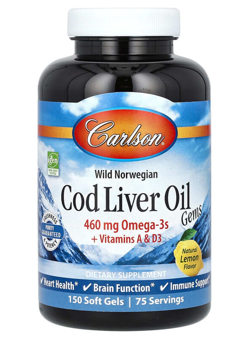 Carlson Labs Natural Lemon Flavor Cod Liver Oil Gems - 150 Soft Gels  - Image 1